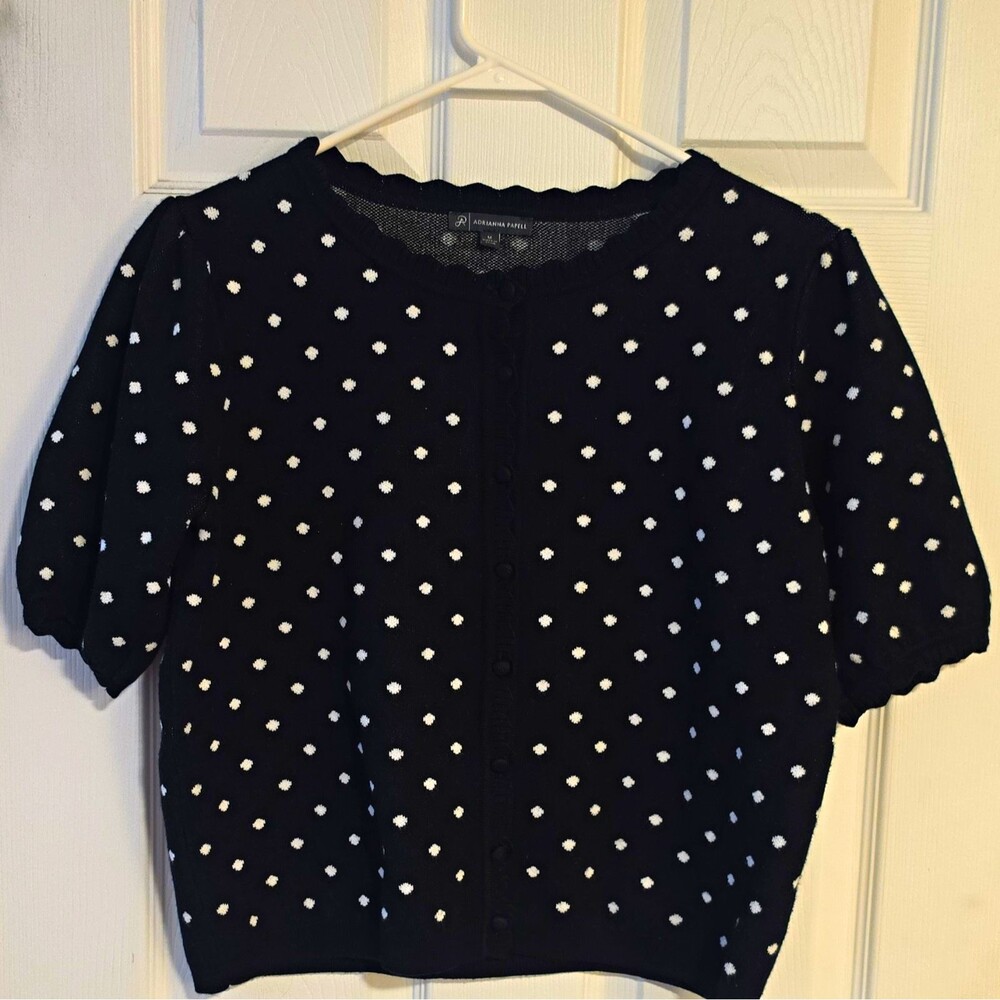 Adrianna Papell Women Black/White Polka Dot Crew Neck Button Knit Cardigan Sz M